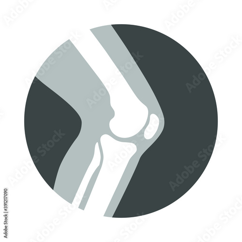 Knee joint icon. Knee bones graphic sign. Symbol human joint in the circle isolated on white background. Flat design. Vector illustration