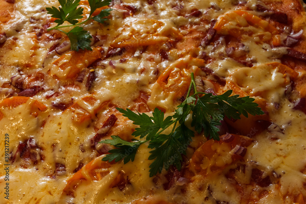 Homemade pizza close up. Fragment. Selective focus (DOF) Homemade pizza close up. Fragment. Selective focus (DOF)
