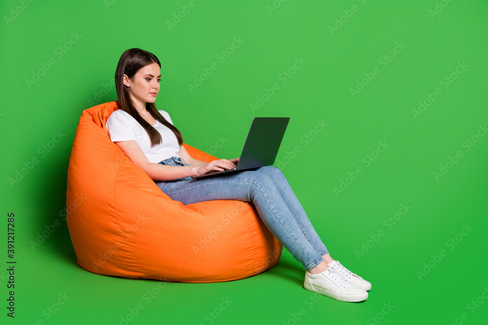 Profile photo of attractive lady hold computer texting reading email freelancer wear t-shirt jeans sneakers isolated green background Profile photo of attractive lady hold computer texting reading email freelancer wear t-shirt jeans sneakers isolated green background