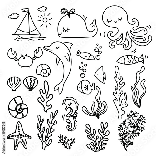 sea doodles set black countur photo