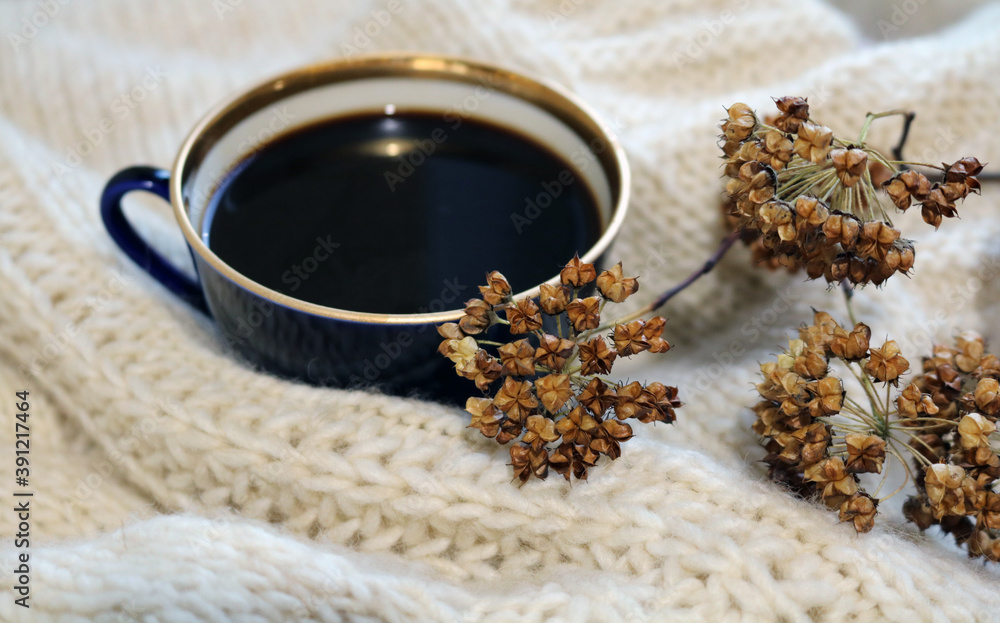 knitted blanket, dry branch and a cup of coffee
knitted blanket, dry branch and a cup of coffee