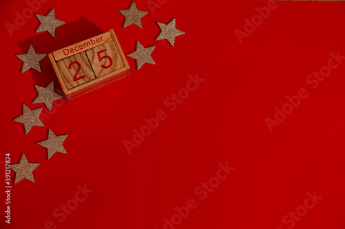 Christmas holidays composition on red background with copy space for your text, Flatlay on red background