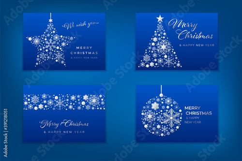 Set of blue christmas cards with silver ornaments