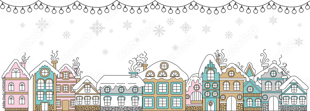 Vector horizontal winter banner Christmas snowy houses
