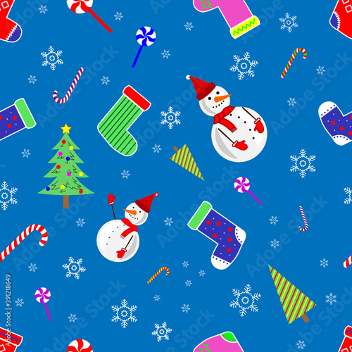 Christmas socks, sweets, trees, snowmans and snowflakes, New Year decorations. Seamless ornament texture, pattern, background and template. Vector