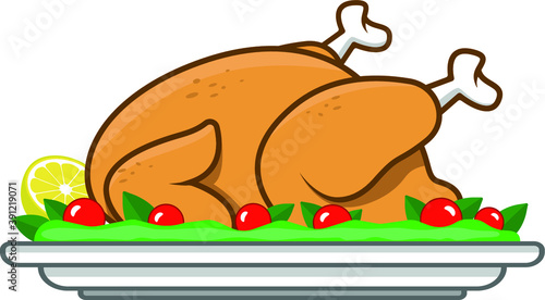 Roast Turkey or Roast Chicken in a Plate with Tomatoes and Green Leaves Vector Illustration