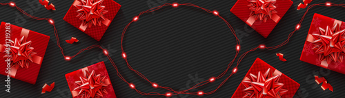 Black Friday Super Sale poster with realistic red gifts boxes