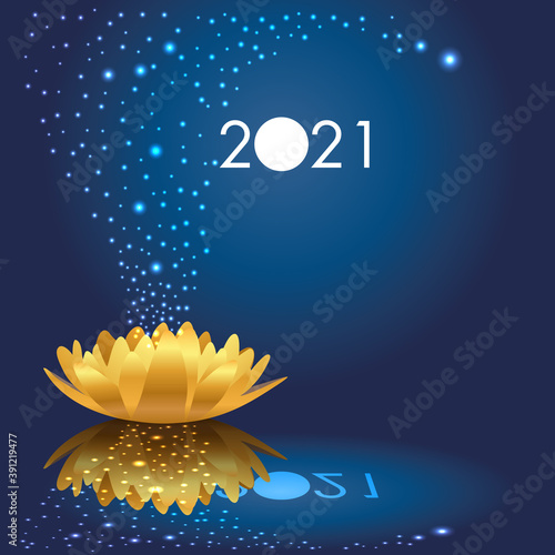 Carte de vœux 2021 poétique avec des étoiles qui sortent d’un nénuphar doré qui s’ouvre sur une nouvelle année féerique.