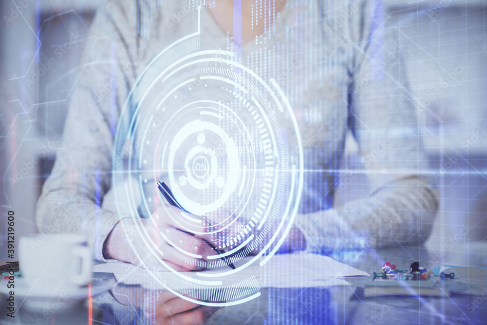 Double exposure of writing hand on background with data solution technology hologram. Ai concept.