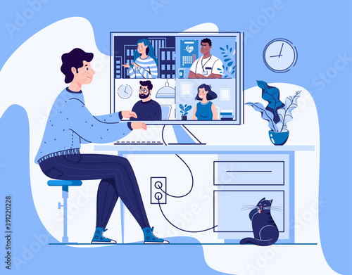 Videoconference, webinar. The concept of online meetings. Vector. Flat cartoon style. Illustration.