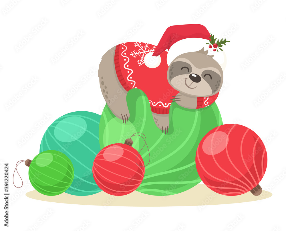 Fototapeta premium An adorable sloth in a Santa hat and a sweater sleeps on Christmas balls. Vector illustration.