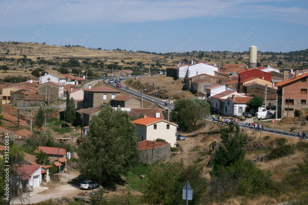 The Cycling Tour of Spain as it passes through Gallegos de Solmirón. Salamanca. Castile and Leon. Spain