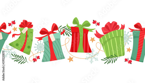 Seamless pattern with gift boxes and snowflakes. Vector illustration.