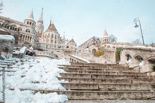 Fisherman's Bastion in early winter morning, snow-covered streets of Budapest