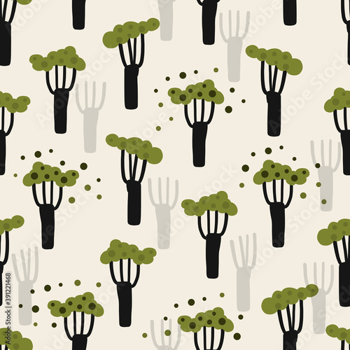 seamless hand draw green tree in the forest pattern background , cartoon vector