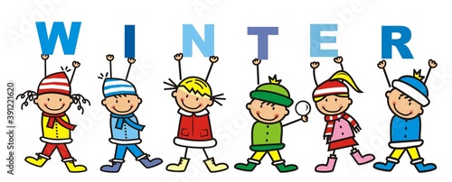 Six little kids with banner, text winter, vector illustration