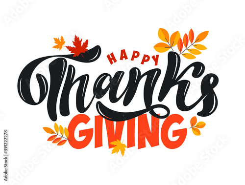 Happy Thanksgiving Day cute hand drawn doodle lettering label. Be thenkful. Give thanks.