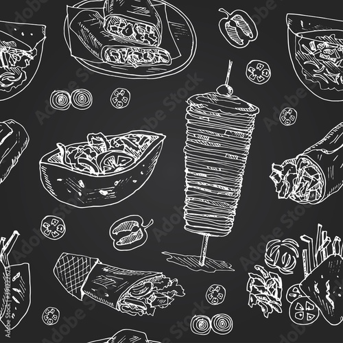Donner kebeb cuisine Menu doodle seamless pattern Vector on chalkboard 