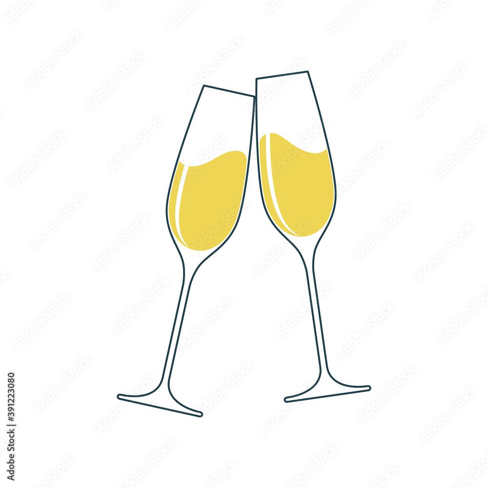 Clink glasses champagne graphic icon. Cheers with two champagne glasses sign isolated on white background. Vector illustration Clink glasses champagne graphic icon. Cheers with two champagne glasses sign isolated on white background. Vector illustration
