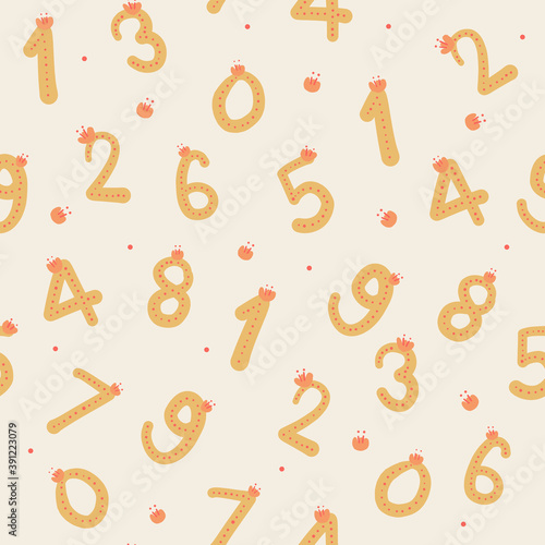 seamless kid pattern background with cute hand draw alphabet number and flower