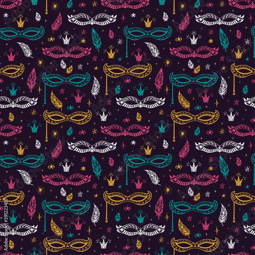 Holiday Vector background. Celebration Carnival Seamless pattern. Hand drawn Venetian Masquerade Mask, feathers and stars. Mardi Gras Party.