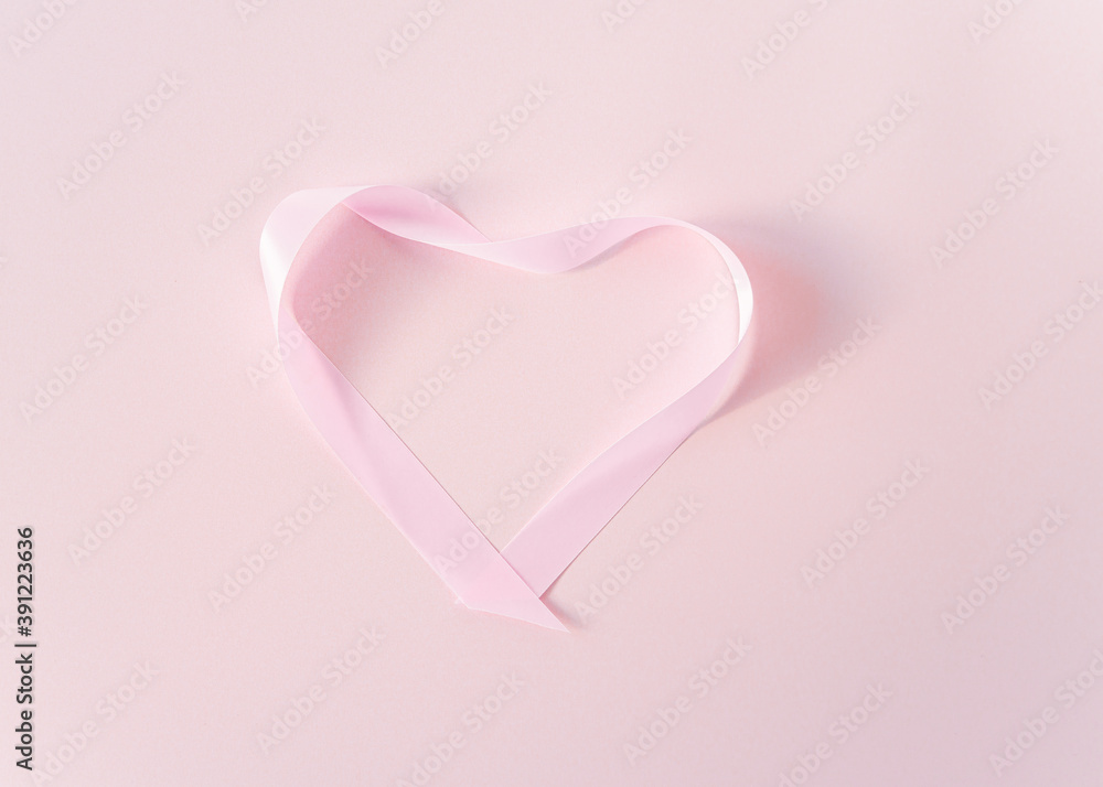 heart shape pink ribbon on pink background, white hearts pattern, st valentines day