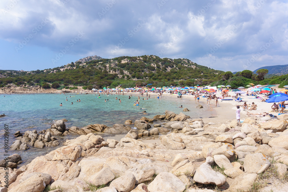 CHIA, SARDINIA, ITALY - SEPTEMBER 3, 2019: Cala Cipolla beach with clear turquoise water near Chia, Sardinia island, Italy