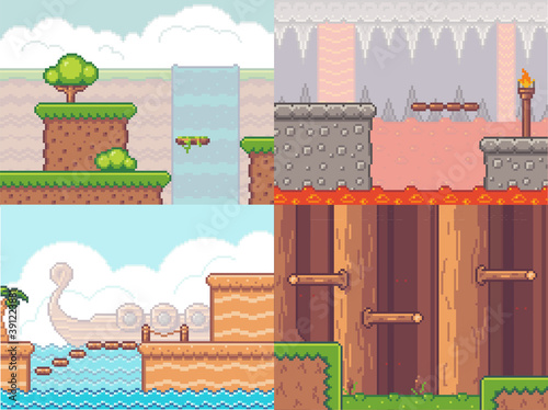 Pixel game interface. Design of different locations. Place with waterfall, green hills, trees. Underground, in cave, with boiling magma. Sea with ship, palm at beach, platforms. In forest, wood