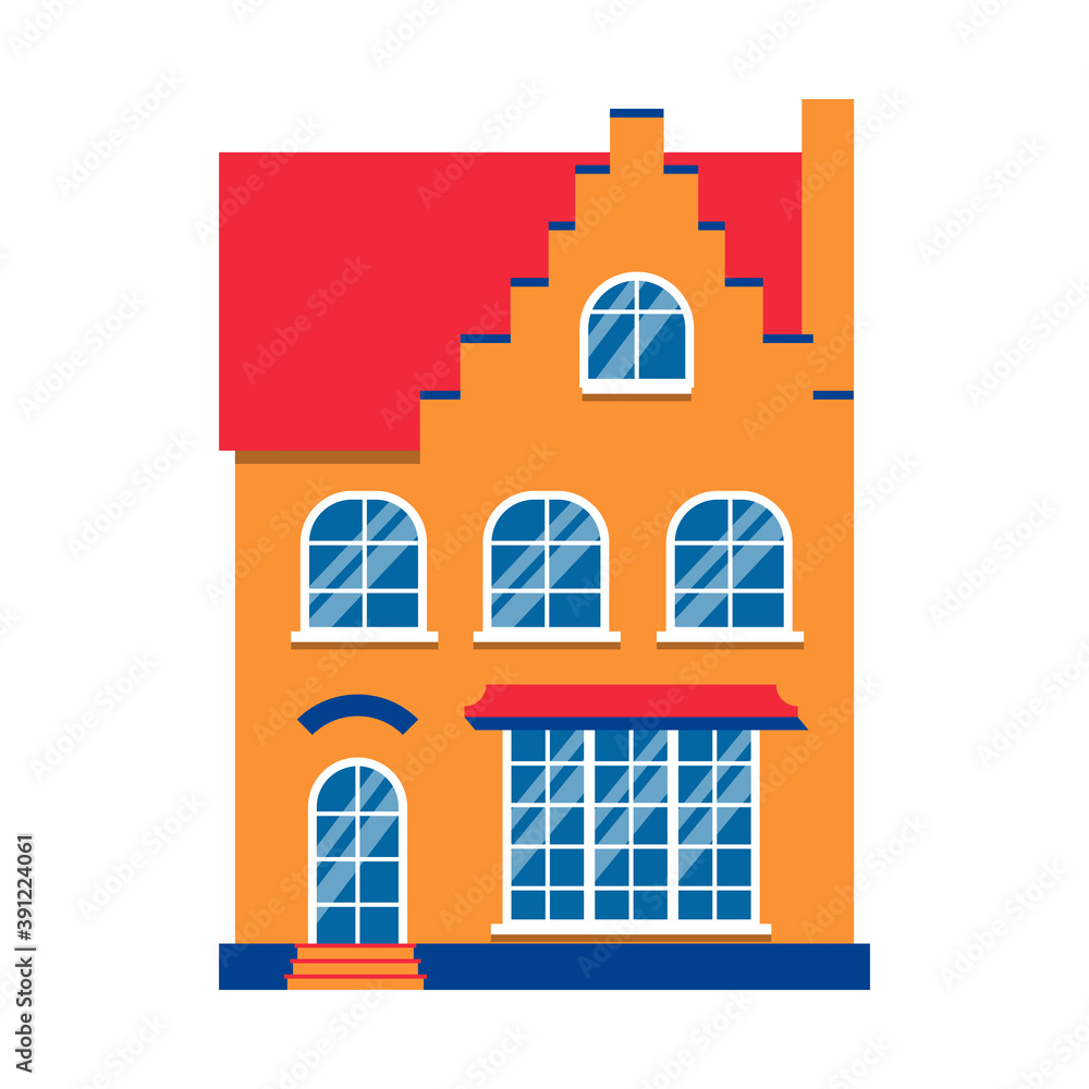 Icon cartoon house colorful architecture Amsterdam. Closeup graphic townhouse, european style. Single flat urban building tall town and suburban home cottage. Isolated on white vector illustration Icon cartoon house colorful architecture Amsterdam. Closeup graphic townhouse, european style. Single flat urban building tall town and suburban home cottage. Isolated on white vector illustration