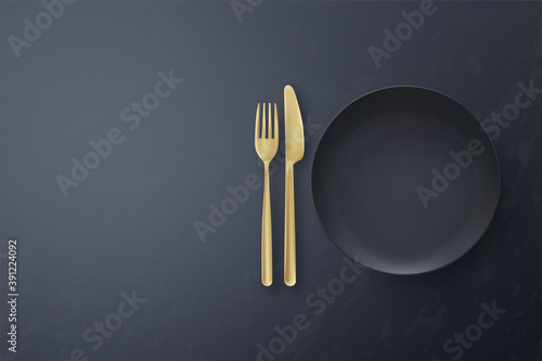 realistic blank black plate with cutlery on black background. vector illustration.