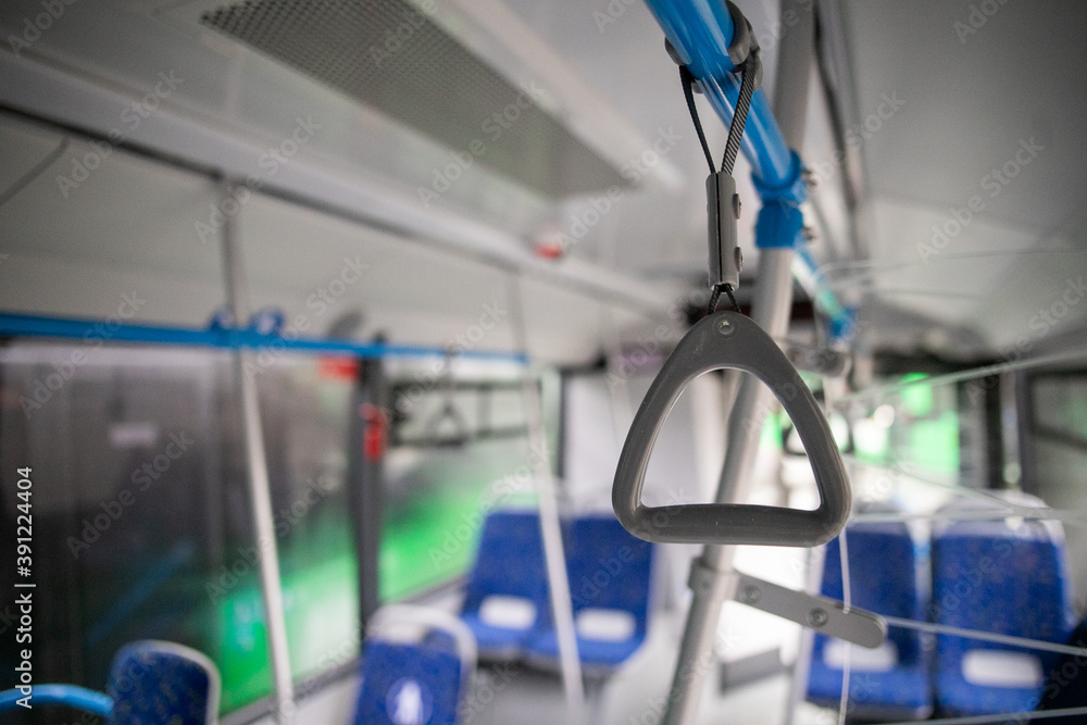 Close up, handrail in a new bus Close up, handrail in a new bus