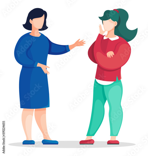 Young women talking. Office workers discussing and communicating isolated at white background. Young student girl listening the teacher or leader. Conversation of mother and daughter. Friends talking