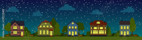 Night Street with houses, trees, bush, clouds, flat cartoon panoramic horizontal banner. Urban small town landscape. City under starry sky. Suburban village neighborhood Cityscape Vector illustration