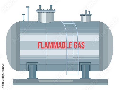 Gas station with ladder, flammable gas text, storage tank for saving compressed gas. Dangerous, under pressure. Industrial construction. Big reservoir for butane, propane, methane, argon, oxygen