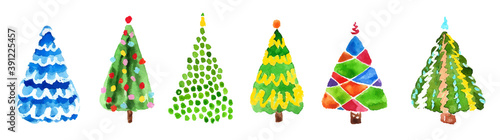 Hand drawn watercolor doodle christmas tree set. Colorful holiday trees. New year xmas symbol. Simple artistic stroke. Many group silhouette decor icons isolated on white background. Vector clipart.