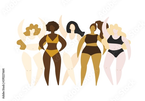 Group of women of different nationalities in swimsuits isolated on white. Crowd of bodypositive dancing girls in a flat style. Banner concept about love and respect for your body. Vector illustration.