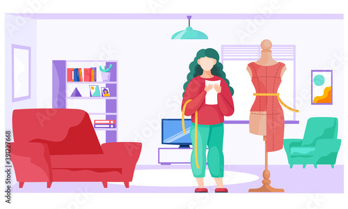 Sewing with designer or seamstress working with red dress pattern. Unfinished dresses model at mannequin. A girl holds a sheet of paper in her hands, makes measurements and makes a dress at home