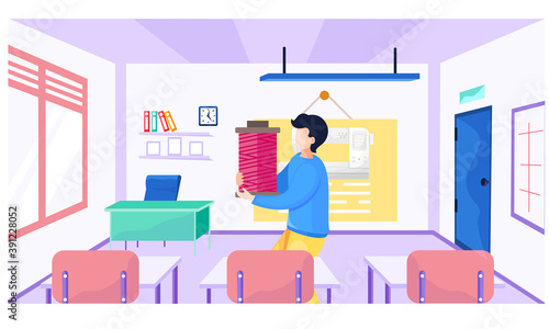 A male teacher explains new topic to seamstresses. Materials science lesson school. Image of sewing machine on the background. A man carries pink threads in his hands and shows it to students