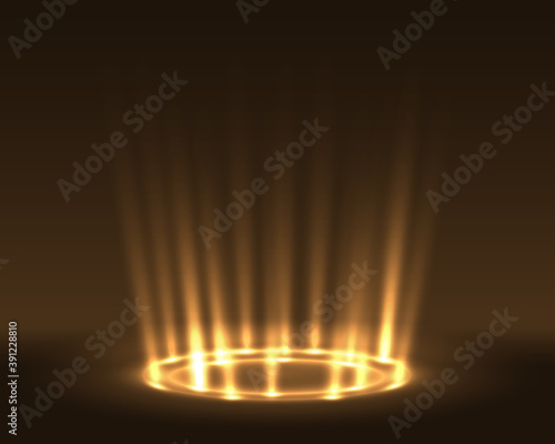 Round glow golden rays night scene on transparent background. Empty light effect podium. Disco club dance floor. Show party lamp. Beam stage. Magic fantasy portal. Futuristic teleport