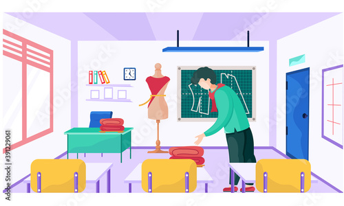 A male teacher explains new topic to seamstresses. Blackboard with pattern on the background. Lesson about fabrics and principles of usage in production. Man points to a stack of textiles on the table