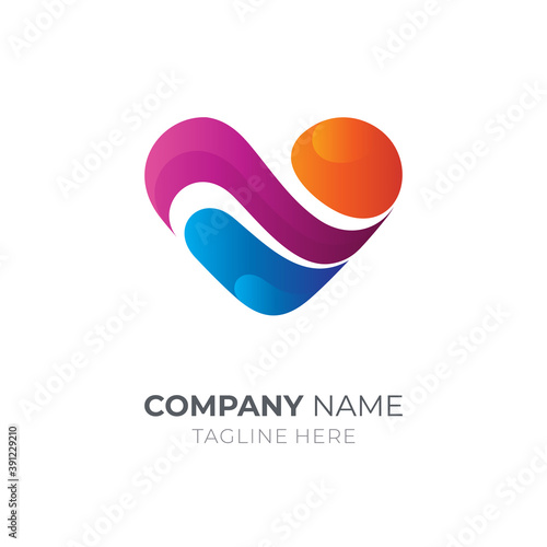 Love Wave Logo Design. Ocean Heart Flat Logo Vector