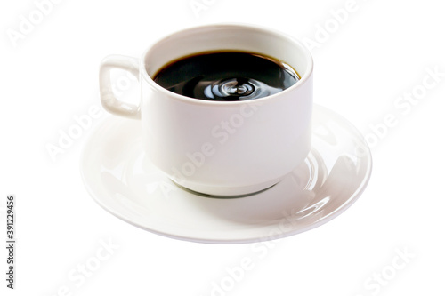 Black coffee in white cup on white background .