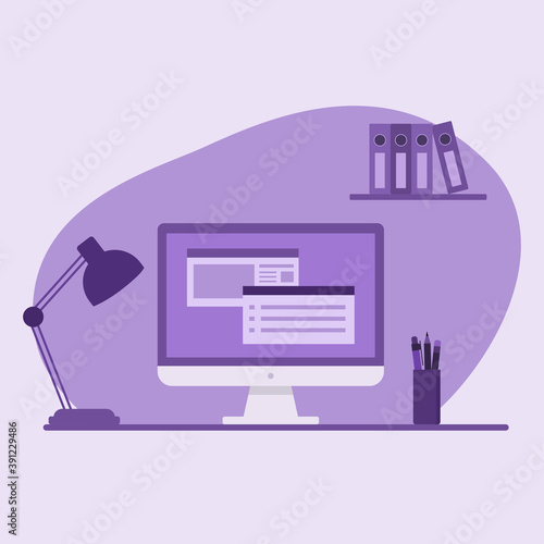 Computer desk workplace. Flat vector illustration. Concept