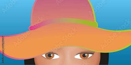 Woman with big hat looking to you. Vector illustration.