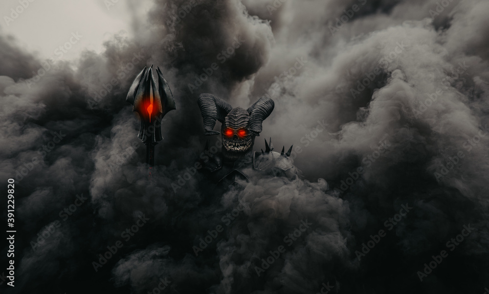 Fototapeta premium Mutant warrior stands and holds mace against a background of black smoke.