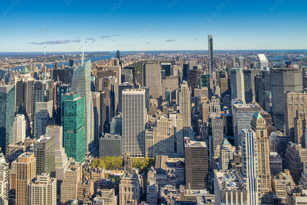 Amazing aerial view of Manhattan skyline on a beautiful day, New York City