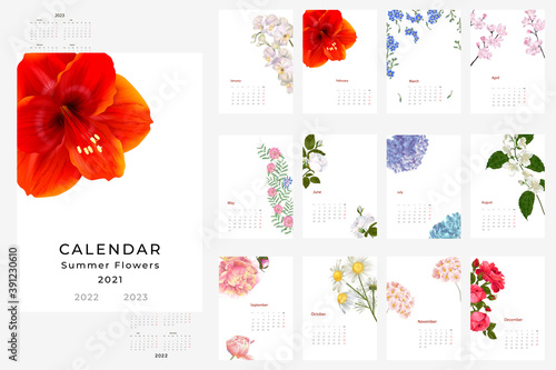 2021, 2022, 2023 calendar template with a floral theme