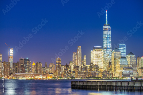 Downtown Manhattan night skyline from Jersey City  New York