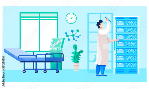 Scientist in white coat with tools in laboratory interior. A man stands with blue containers nearby. New upgraded refrigerator or computer. Technologies in laboratory. Guy with holders in hands