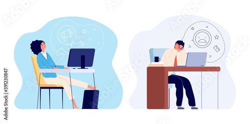Burnout at work. Tired woman, stress man worker at office. Flat overwhelmed characters, sleep female and sick workaholic male. Cartoon procrastination or sleeping adults vector illustration